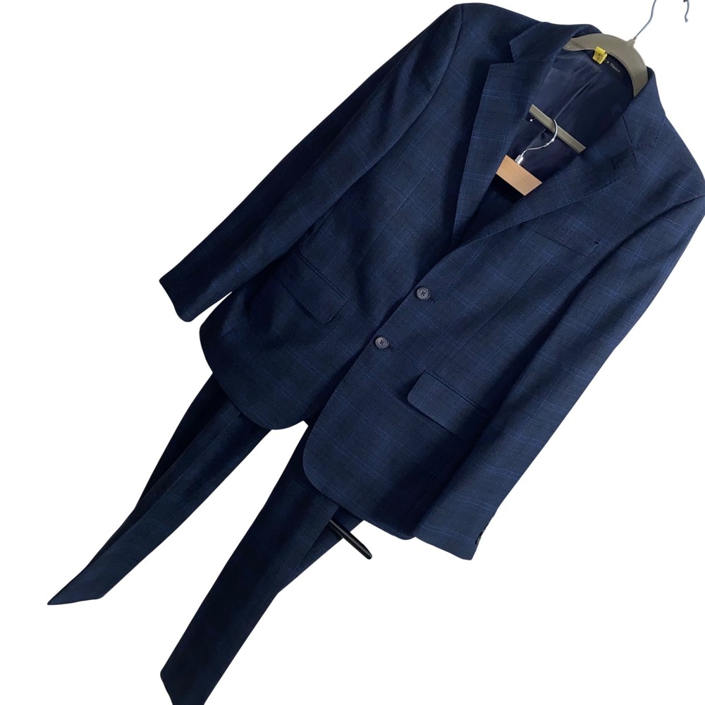 Calvin Klein X Slim Fit Mens Navy Blue Plaid Wool Blend 2 Piece Suit 36S 30 x 29